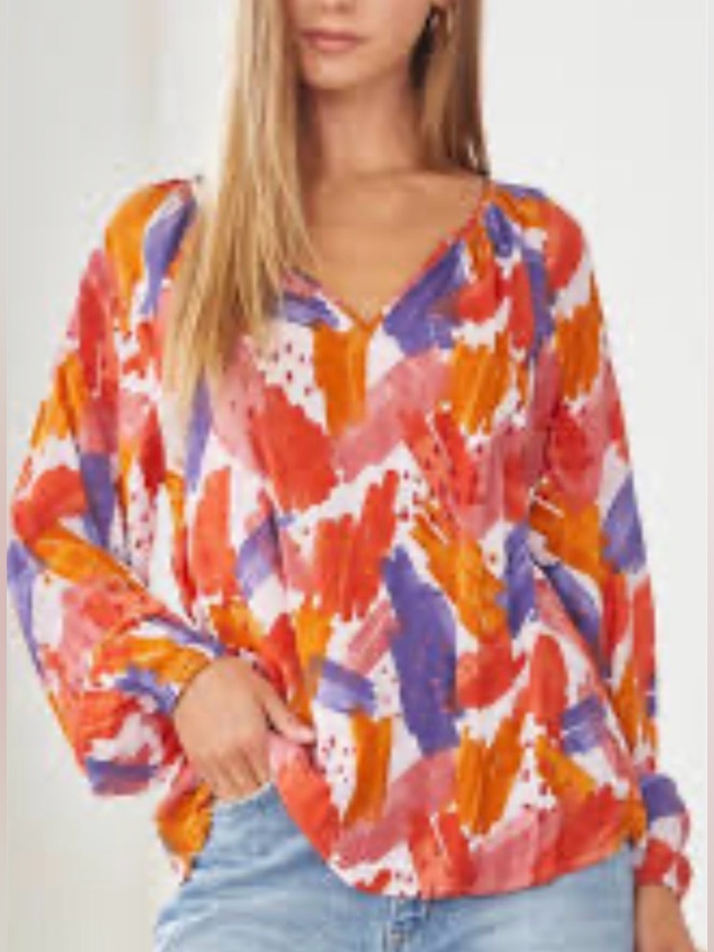 Emily Wonder Brushstroke V-Neck Long Sleeve Blouse Orange/Pink/Purple Small